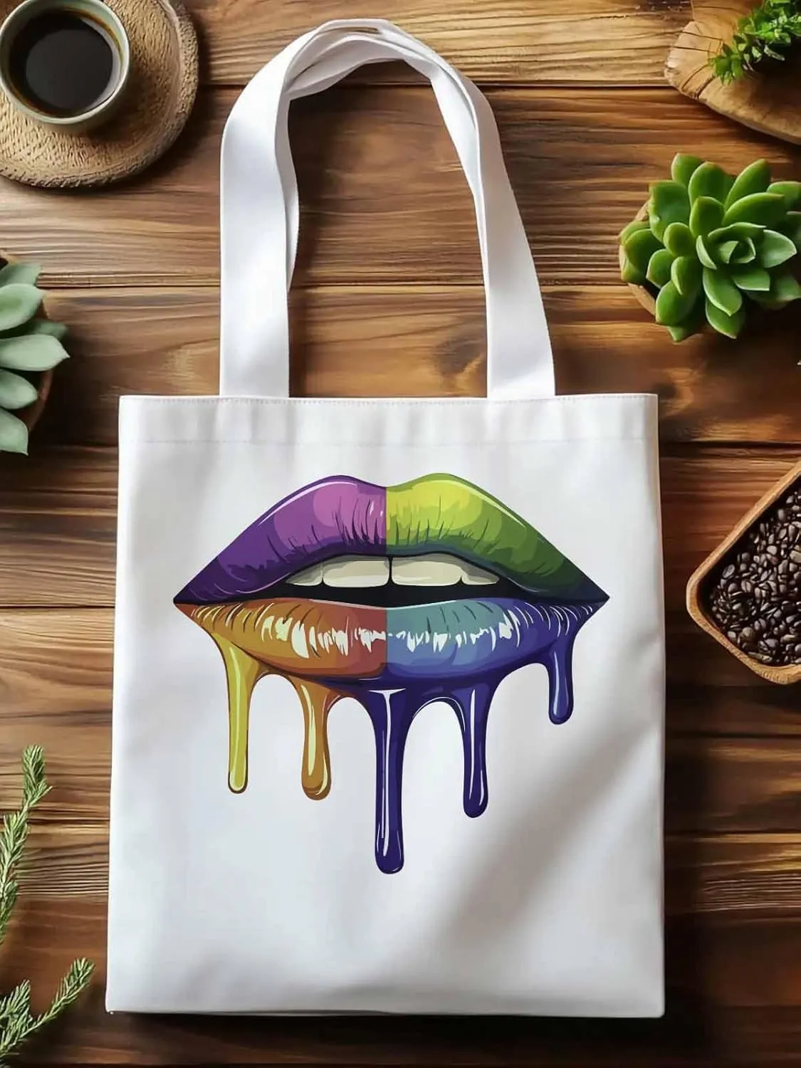 Canvas Tote Bag, Colorful Abstract Art Lips Aesthetic Canvas Tote Handbags for Women Shoulder Bag