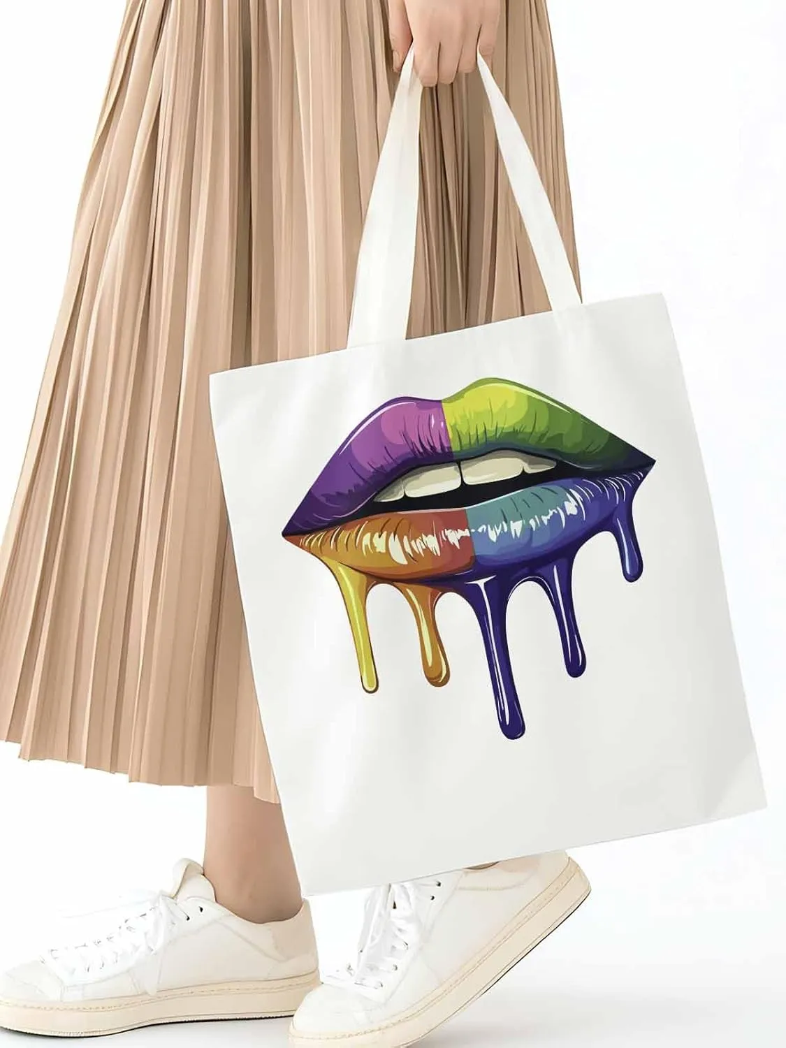 Canvas Tote Bag, Colorful Abstract Art Lips Aesthetic Canvas Tote Handbags for Women Shoulder Bag