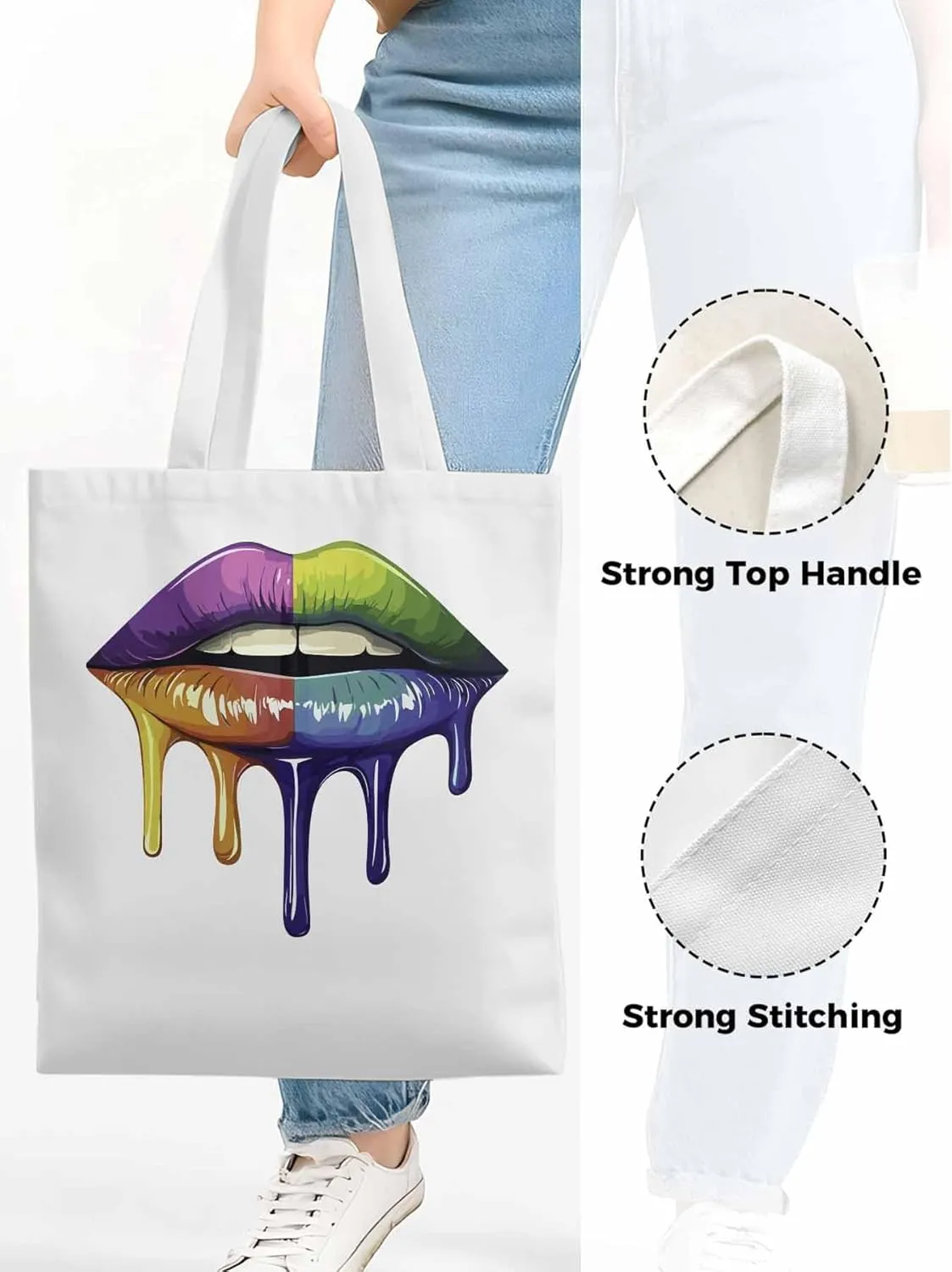 Canvas Tote Bag, Colorful Abstract Art Lips Aesthetic Canvas Tote Handbags for Women Shoulder Bag