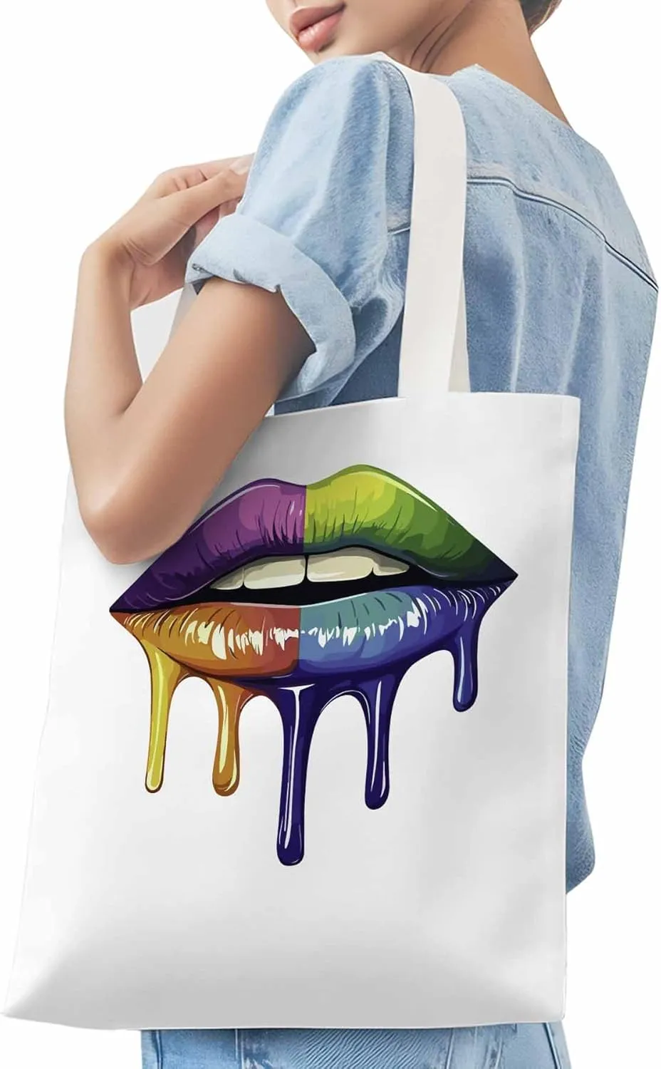 Canvas Tote Bag, Colorful Abstract Art Lips Aesthetic Canvas Tote Handbags for Women Shoulder Bag