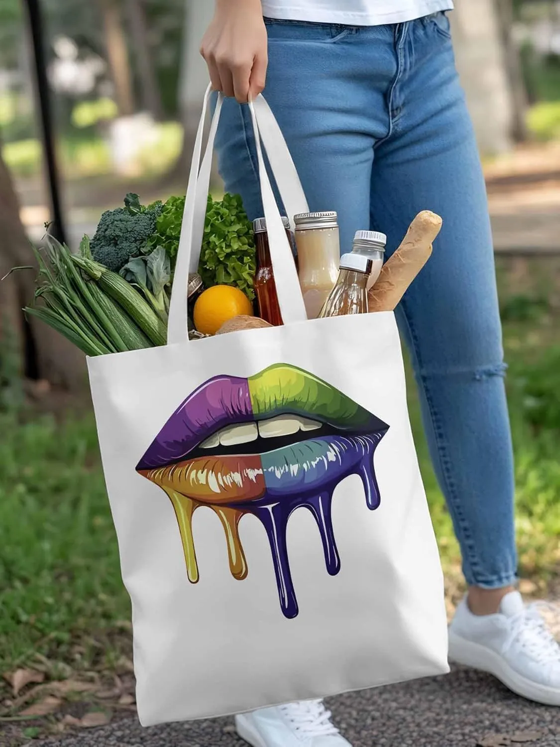 Canvas Tote Bag, Colorful Abstract Art Lips Aesthetic Canvas Tote Handbags for Women Shoulder Bag