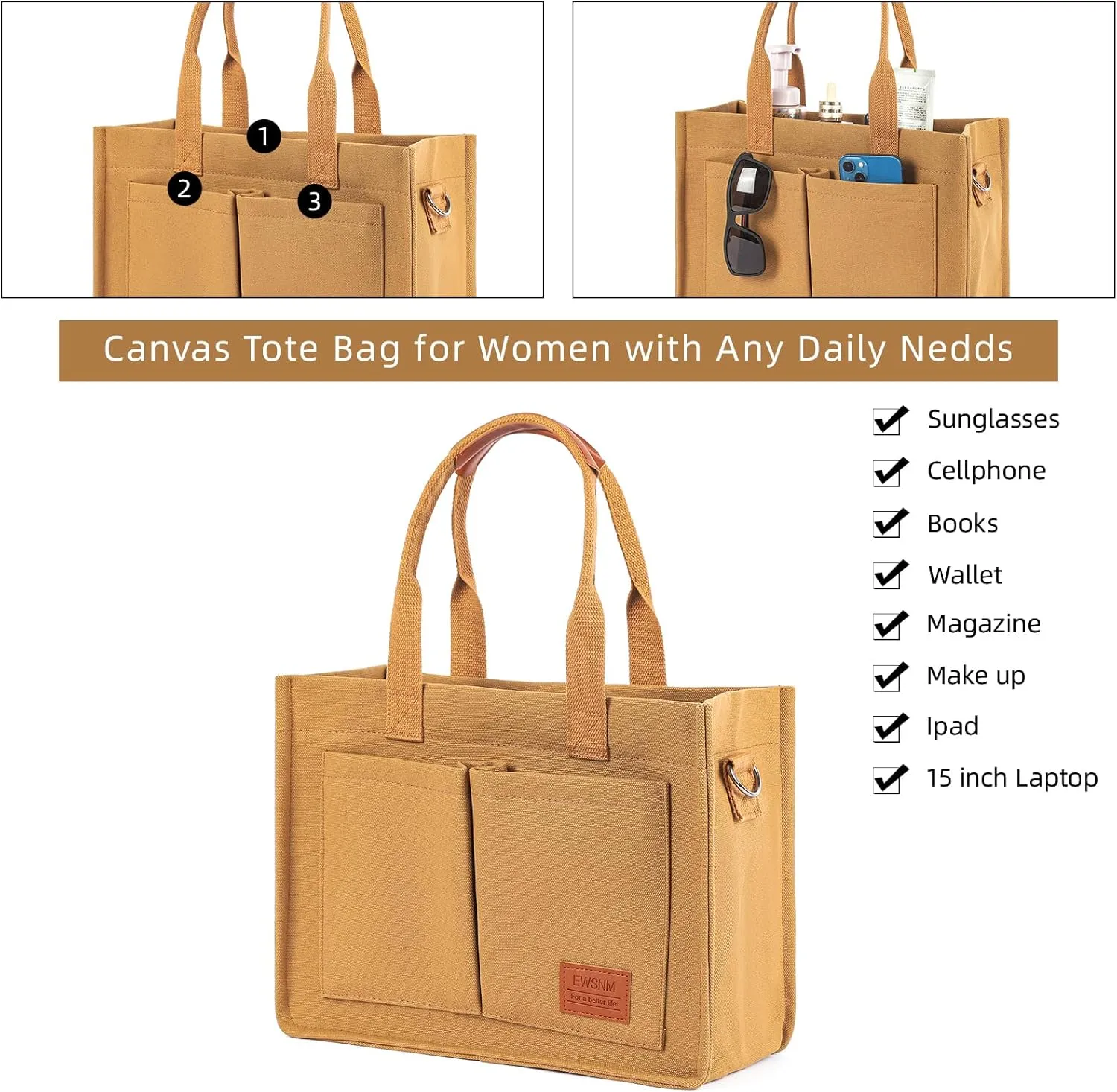 Canvas Tote Bag for Women, Large Laptop Travel Tote Handbag Totes with Crossbody Shoulder Teachers Reusable Grocery Bags