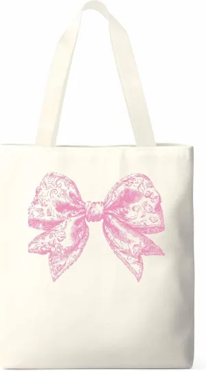Canvas Tote Bag, Pink Pretty Lace Floral Bowknot Aesthetic Canvas Tote Handbags for Women Shoulder Bag