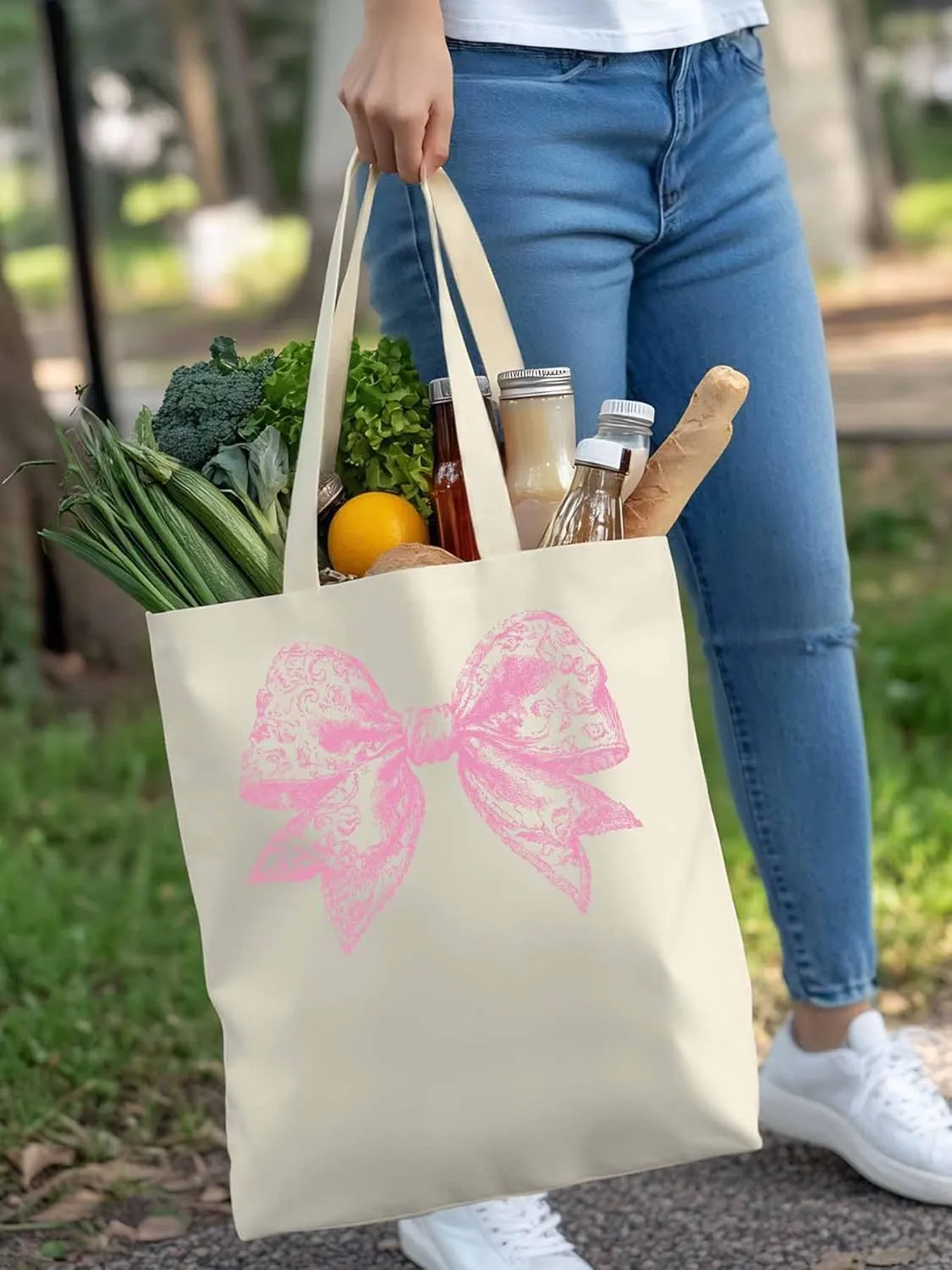 Canvas Tote Bag, Pink Pretty Lace Floral Bowknot Aesthetic Canvas Tote Handbags for Women Shoulder Bag