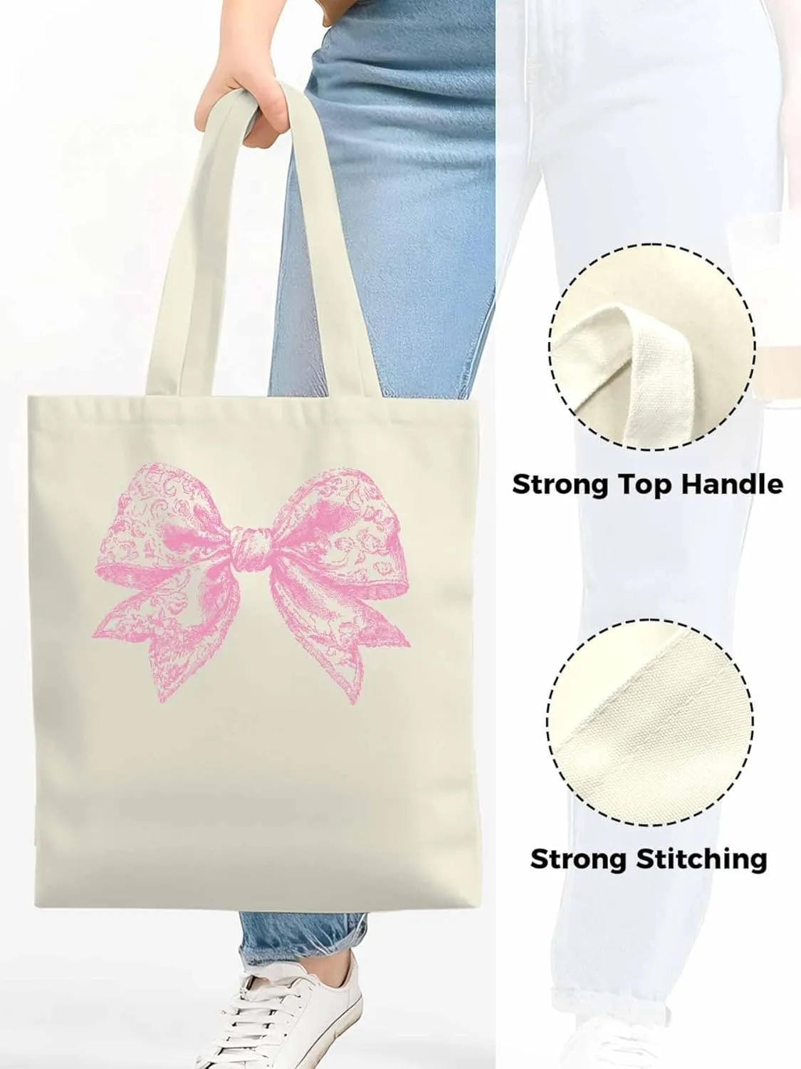 Canvas Tote Bag, Pink Pretty Lace Floral Bowknot Aesthetic Canvas Tote Handbags for Women Shoulder Bag