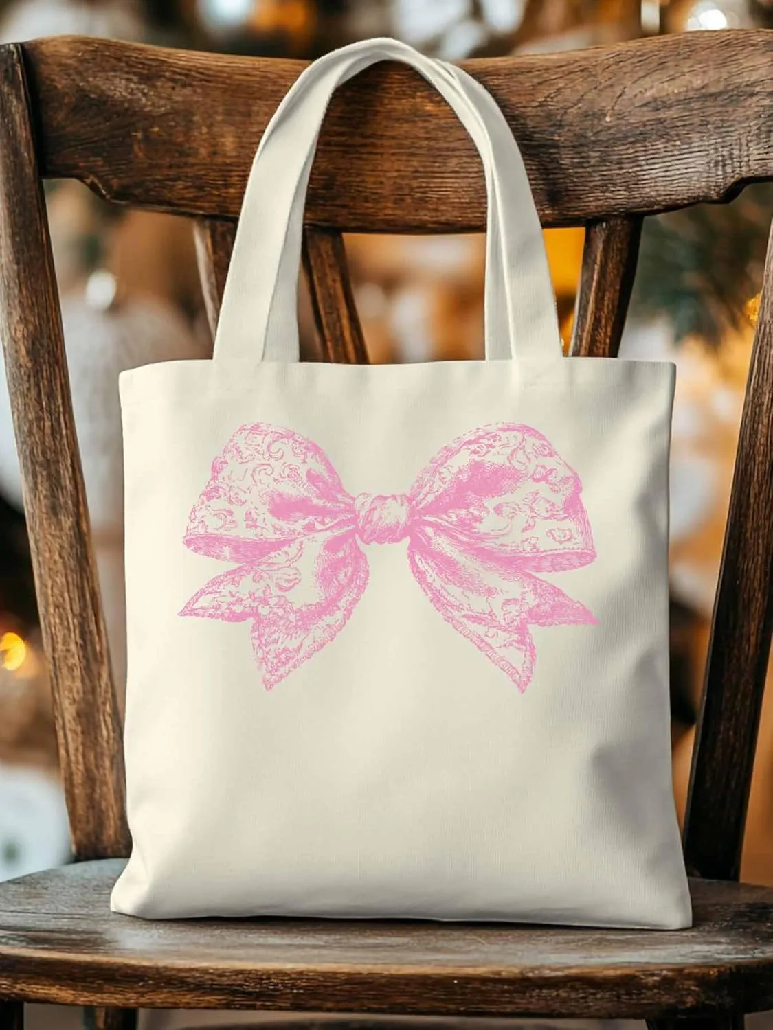 Canvas Tote Bag, Pink Pretty Lace Floral Bowknot Aesthetic Canvas Tote Handbags for Women Shoulder Bag
