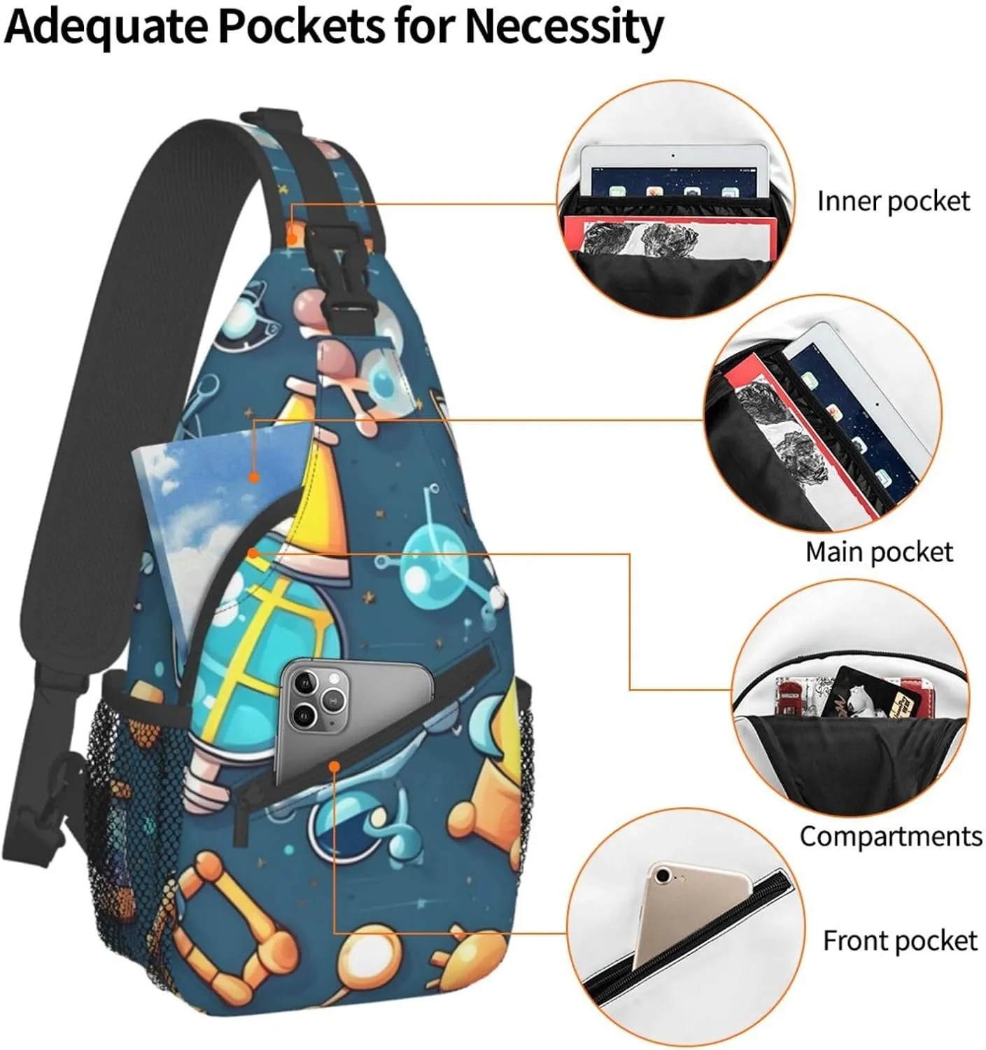 Cartoon Science Theme Unisex Casual Diagonal Chest Bag,Multipurpose Crossbody Shoulder Bag Travel Hiking Daypack