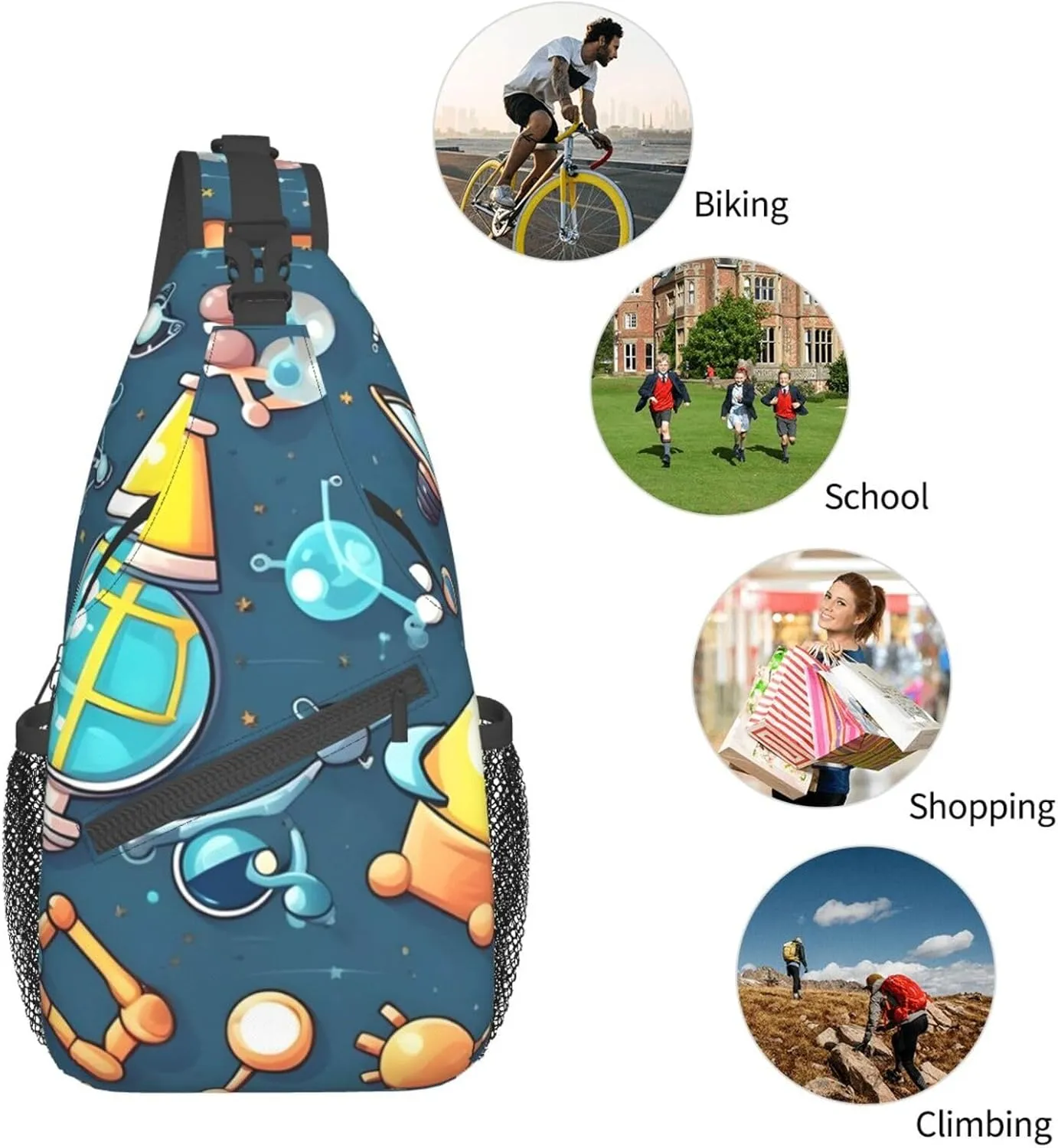Cartoon Science Theme Unisex Casual Diagonal Chest Bag,Multipurpose Crossbody Shoulder Bag Travel Hiking Daypack