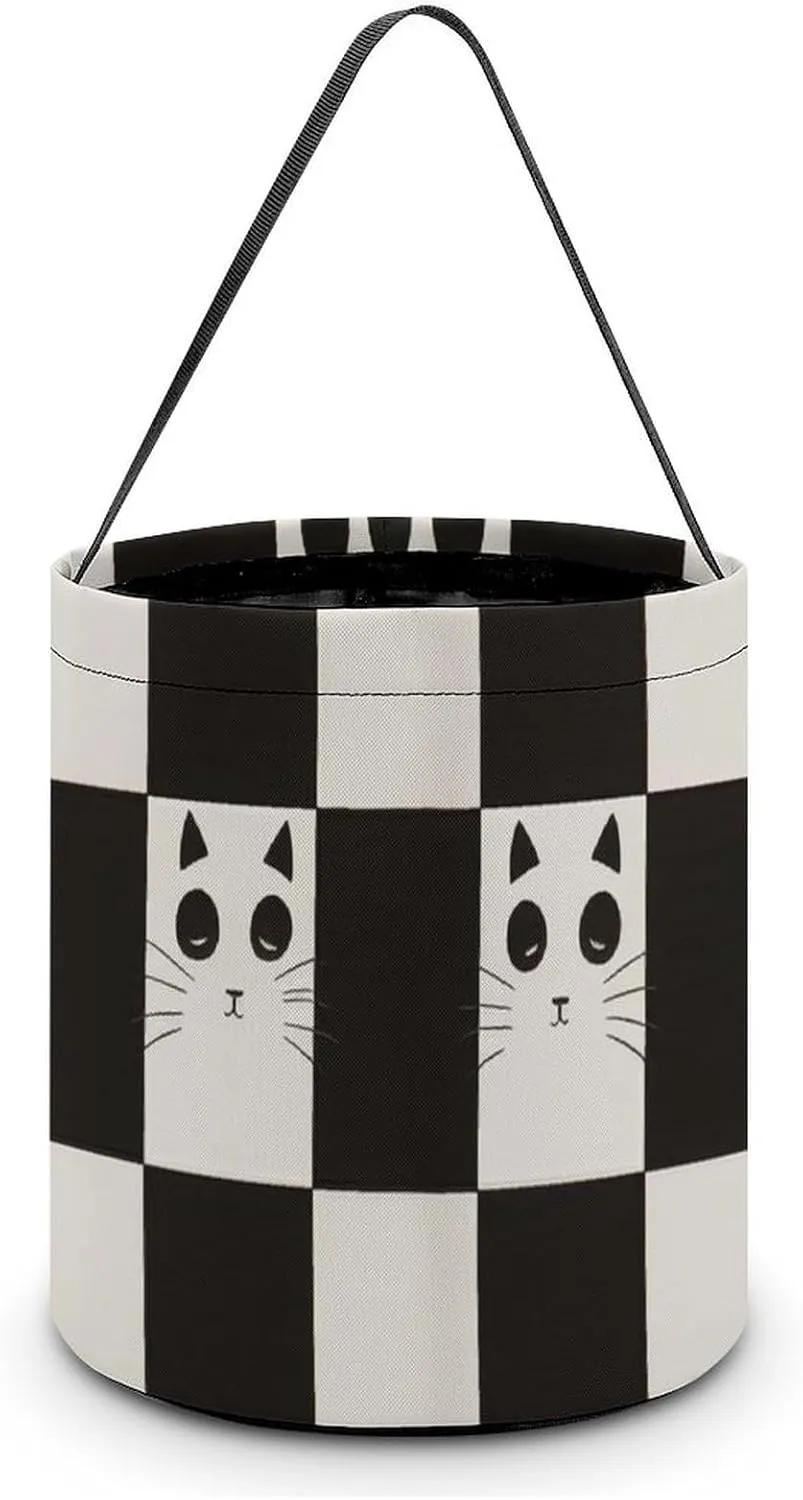 Cats Black And White Plaid Easter Basket Egg Buckets with Handles Hunt Tote Bags Reusable Handbag for Decoration