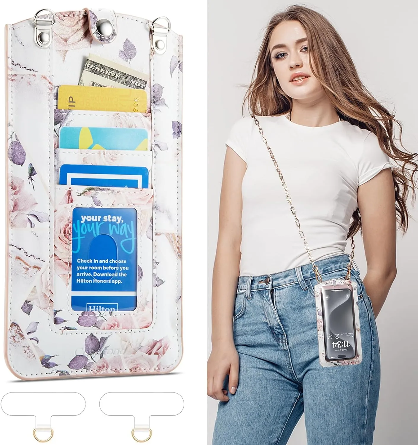 Cell Phone Purse Small Crossbody Bag for Women Leather Mini Shoulder Bag Wallet Case with Touch Screen and Card Slots Chain 2 Patches for All Smartphones iPhone 16 15 11 Samsung up to 7.5" Rose Marble