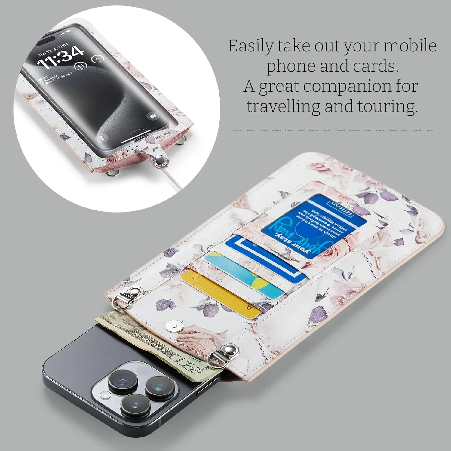Cell Phone Purse Small Crossbody Bag for Women Leather Mini Shoulder Bag Wallet Case with Touch Screen and Card Slots Chain 2 Patches for All Smartphones iPhone 16 15 11 Samsung up to 7.5" Rose Marble