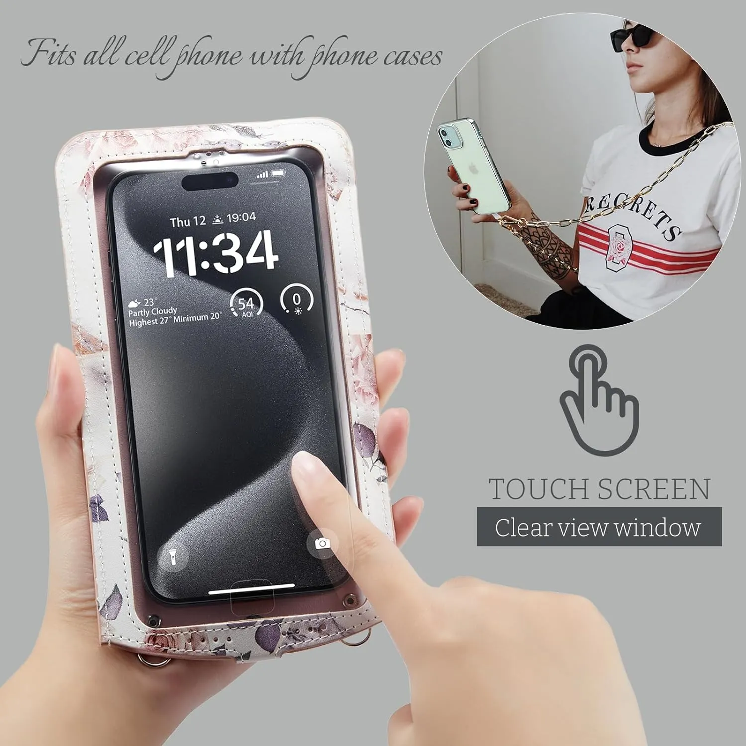 Cell Phone Purse Small Crossbody Bag for Women Leather Mini Shoulder Bag Wallet Case with Touch Screen and Card Slots Chain 2 Patches for All Smartphones iPhone 16 15 11 Samsung up to 7.5" Rose Marble