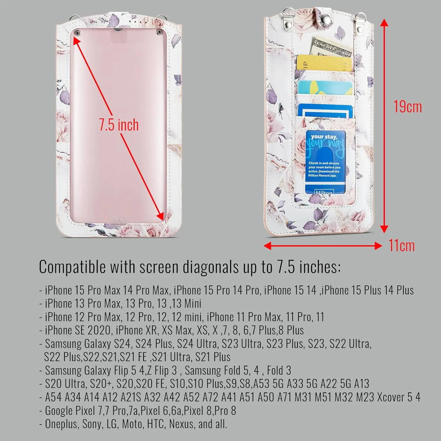 Cell Phone Purse Small Crossbody Bag for Women Leather Mini Shoulder Bag Wallet Case with Touch Screen and Card Slots Chain 2 Patches for All Smartphones iPhone 16 15 11 Samsung up to 7.5" Rose Marble