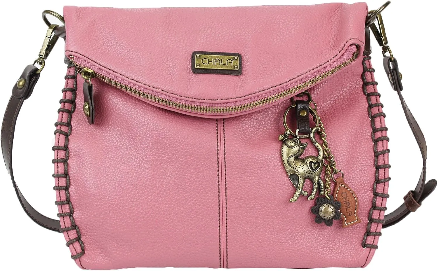 CHALA Charming Crossbody Bag With Flap Top | Flap and Zipper Cross-Body Purse or Shoulder Handbag with Metal Chain - Pink