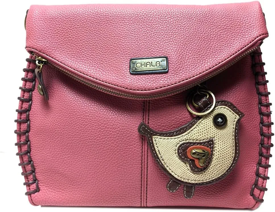 CHALA Charming Crossbody Bag With Flap Top | Flap and Zipper Cross-Body Purse or Shoulder Handbag with Metal Chain - Pink