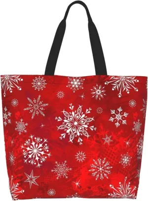 Christmas Bag, Red Christmas Snowflakes Reusable Grocery Bags, Xmas Tote Bag for Women Men Outdoor Shopping,Travel