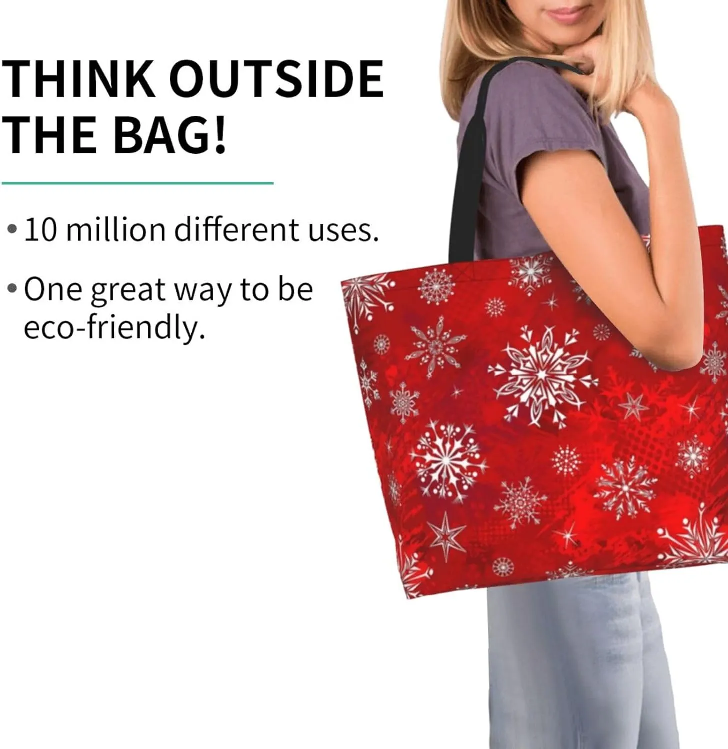 Christmas Bag, Red Christmas Snowflakes Reusable Grocery Bags, Xmas Tote Bag for Women Men Outdoor Shopping,Travel