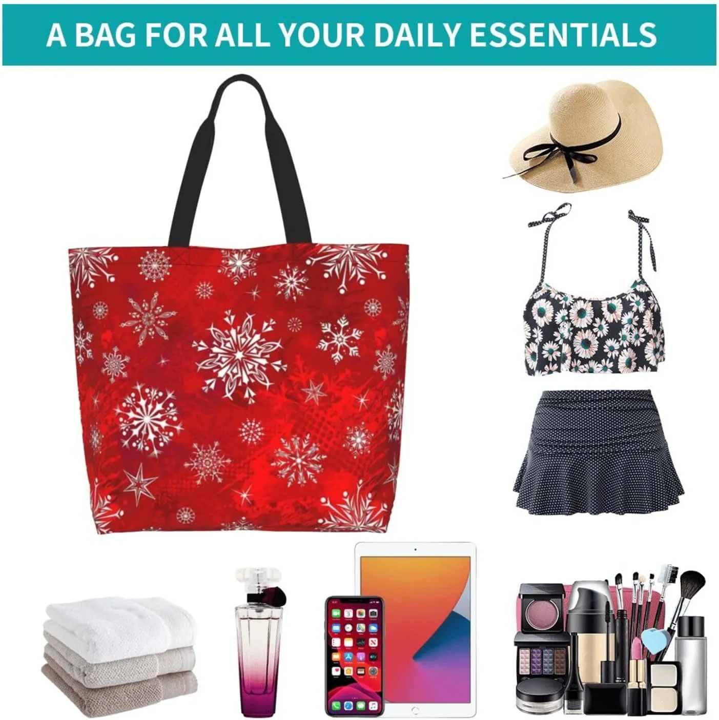 Christmas Bag, Red Christmas Snowflakes Reusable Grocery Bags, Xmas Tote Bag for Women Men Outdoor Shopping,Travel