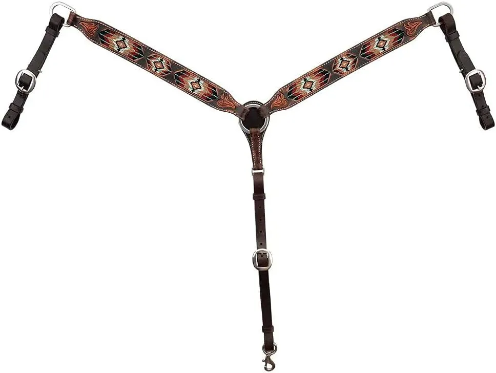 Circle Y Distressed Southwestern Beaded Breast Collar for Horse, Turq/BRWN/Wht, One Size