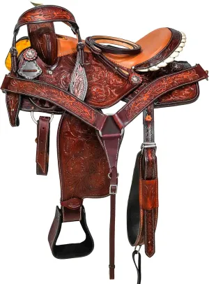 Classic Quality Premium Leather Comfort Western Barrel Racing Trail Equestrian Horse Saddle TACK, Headstall, Breast Collar & REINS Size (18 inches Seat, Tan Yellow Seat).