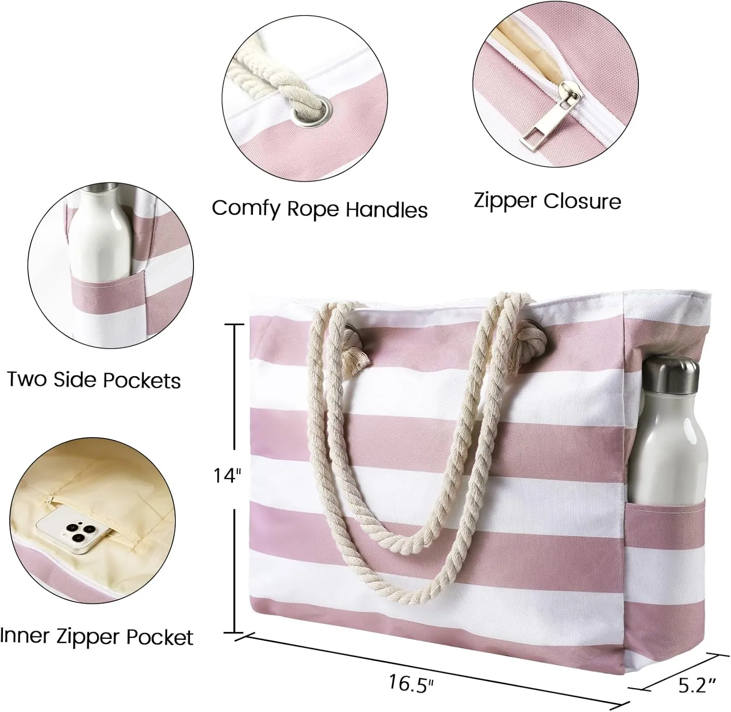 Clothirily Beach Bag for Women - Large Beach Tote Bag, Waterproof Sandproof Beach Bag with Zipper, Large Swim Pool Beach Tote