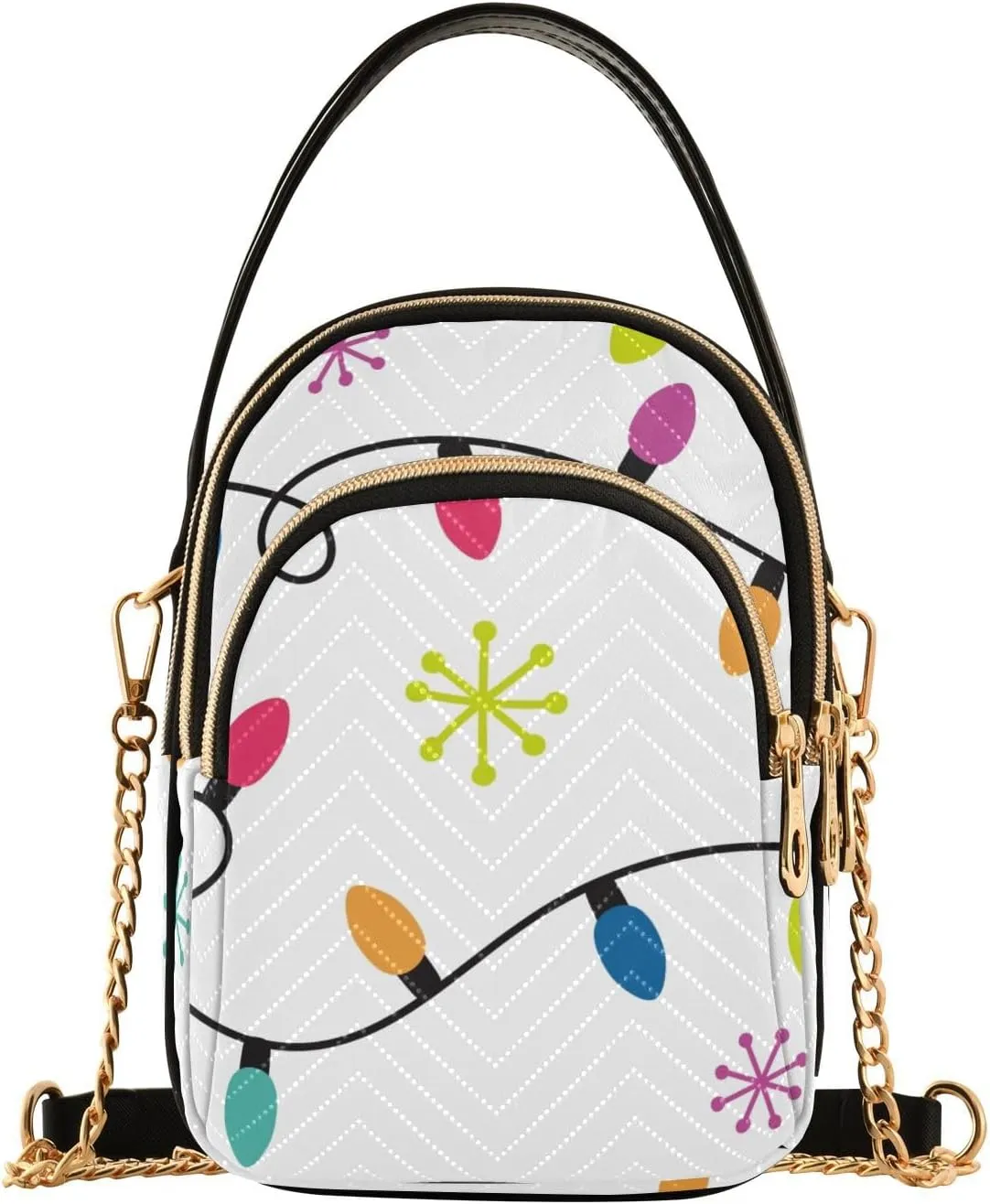 Colorful Christmas Snowflakes Small Crossbody Bag Functional Multi Pocket Bag Shoulder Handbag