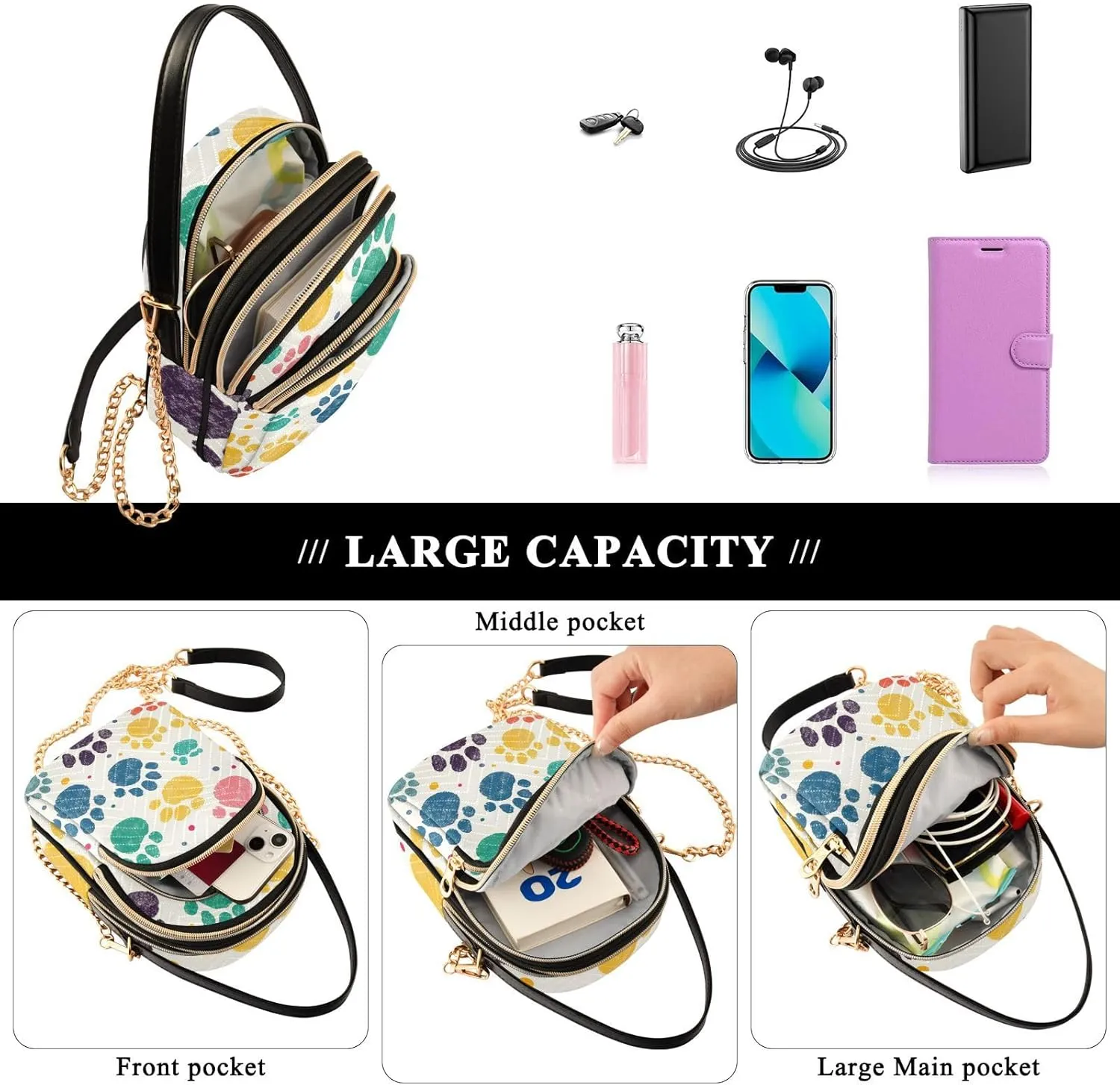Colorful Dog Paw Print Women Crossbody Bag, Small Handbags for Women Crossbody, Fall Crossbody Purse