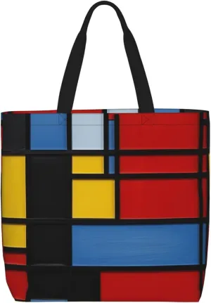 Composition in Red Yellow Blue and Black printed Reusable Shopping Bag Fashion Handbag For Work Travel Shopping