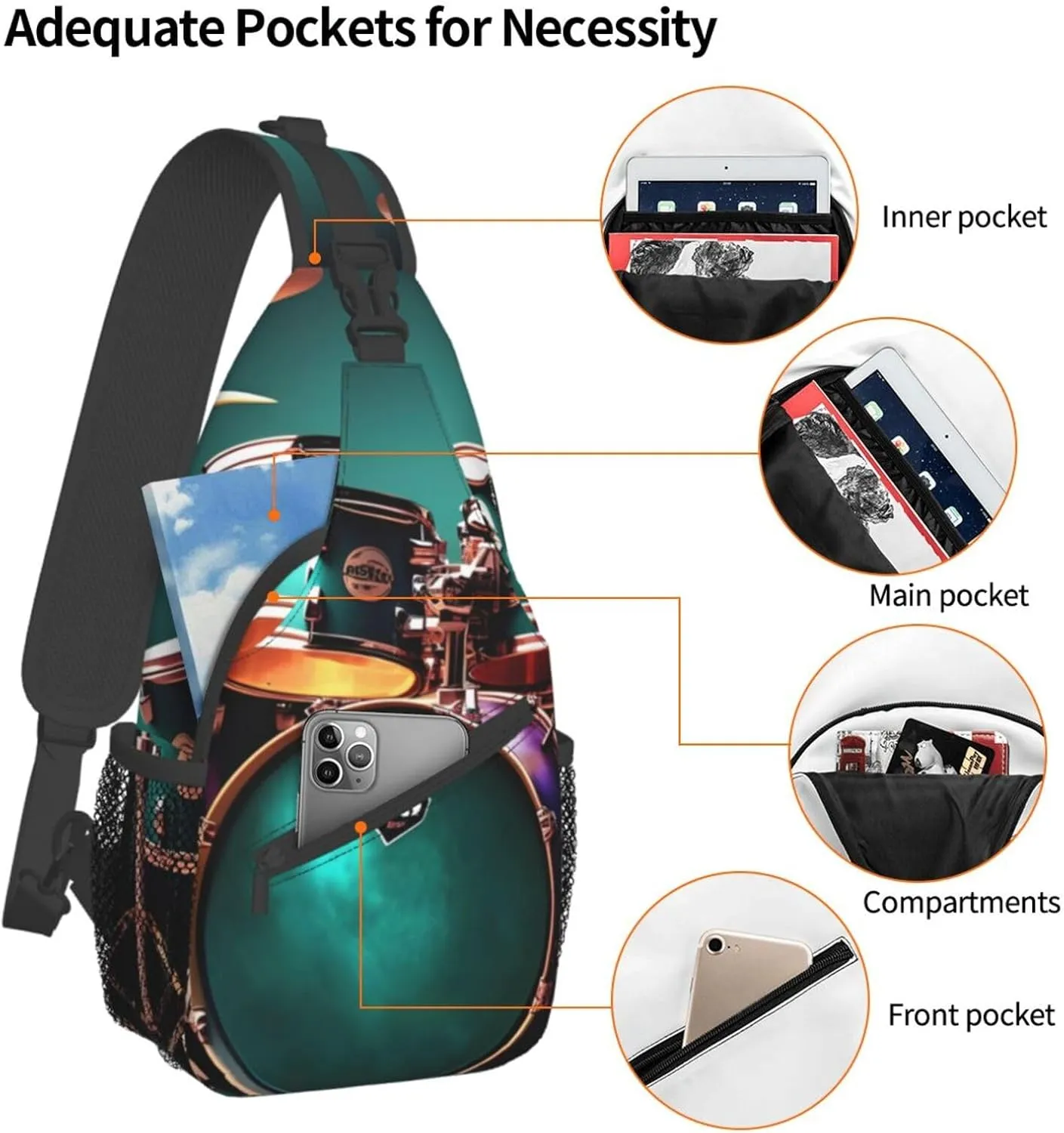 Cool Drum Set Unisex Casual Diagonal Chest Bag,Multipurpose Crossbody Shoulder Bag Travel Hiking Daypack