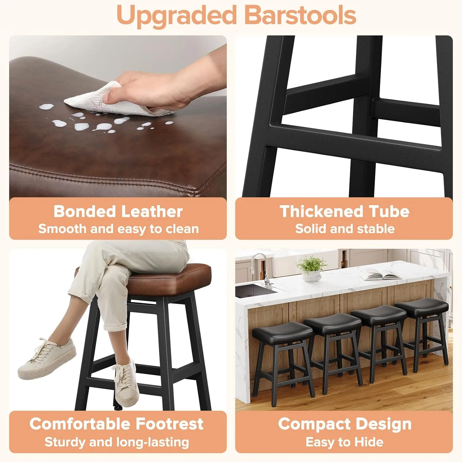 Counter Height Bar Stools Set of 2, 24 Inch Barstools for Kitchen Counter, Kitchen Stools with Bonded Leather Saddle Seats & Heavy Duty Metal Legs, Easy Assembly, Brown/Black