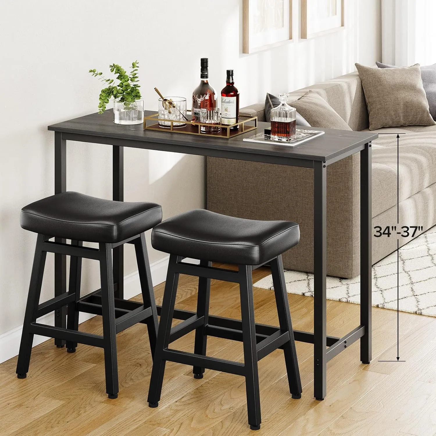 Counter Height Bar Stools Set of 2, 24 Inch Barstools for Kitchen Counter, Kitchen Stools with Bonded Leather Saddle Seats & Heavy Duty Metal Legs, Easy Assembly, Brown/Black