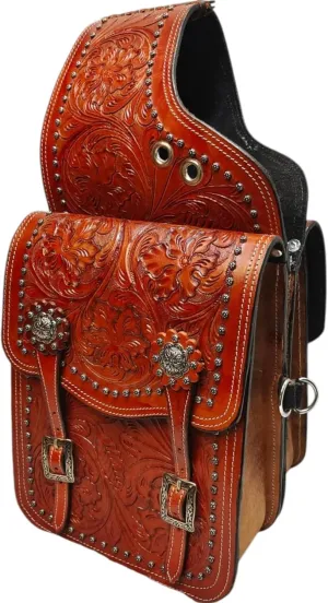 Cow Hide Genuine Leather Western Trail Tooling Carving Horse Saddle Bag, Size: 10” L x 10” W x 3 ½” D.