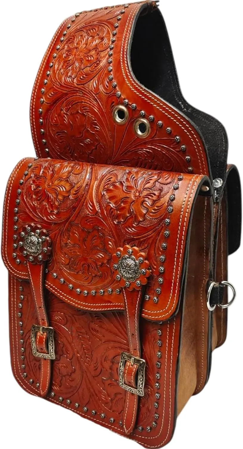 Cow Hide Genuine Leather Western Trail Tooling Carving Horse Saddle Bag, Size: 10” L x 10” W x 3 ½” D.