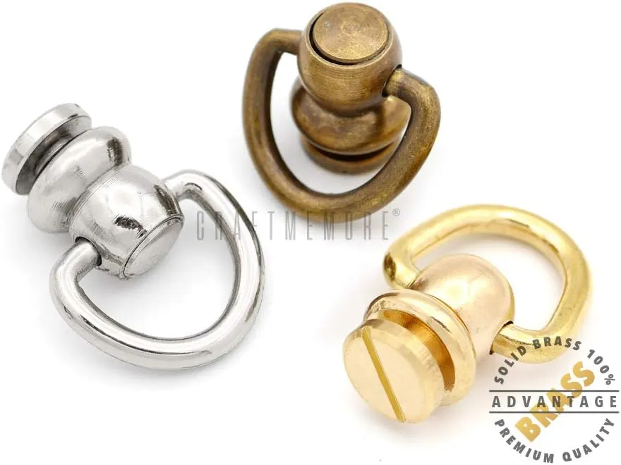 CRAFTMEMORE 2pcs Ball Post Solid Brass Wallet Chain Connector D-Ring Screwback Concho Leather Craft Accessories DHBP (Medium, Antique Brass)