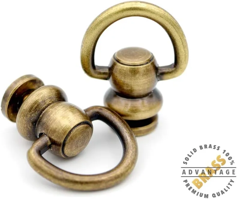 CRAFTMEMORE 2pcs Ball Post Solid Brass Wallet Chain Connector D-Ring Screwback Concho Leather Craft Accessories DHBP (Medium, Antique Brass)