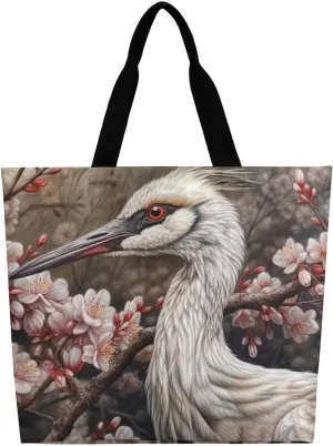 Crane near Flower Tote Bag Large Women Casual Shoulder Bag Reusable Grocery Bag Fasion Handbag for Office Shopping Travel
