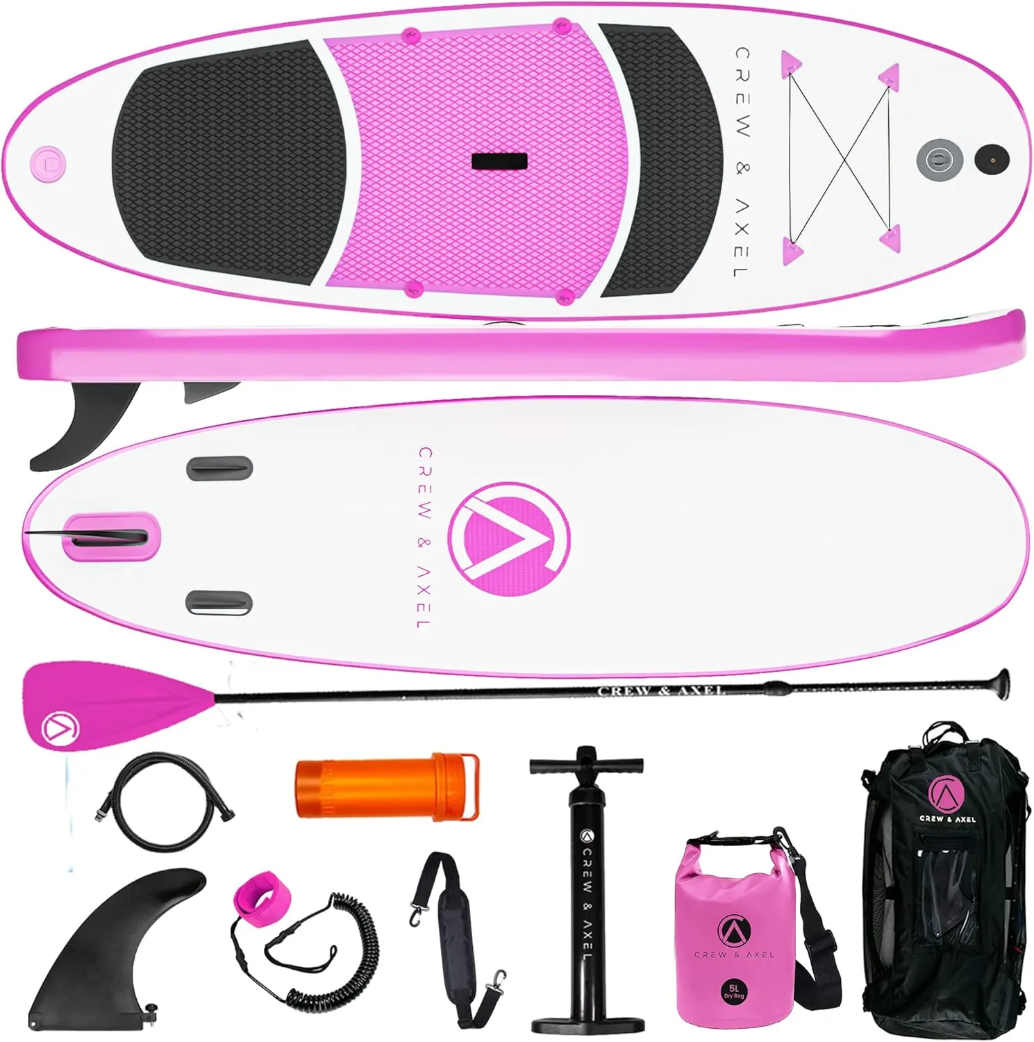 Crew Axel Inflatable Paddle Board 10’33’6” Extra Wide & Lightweight (18lb) Paddle Board – Premium SUP Set Includes 2 Bags, Floating Paddle, Camera Mount, 3 Fins, Dual Pump Kit