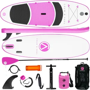 Crew Axel Inflatable Paddle Board 10’33’6” Extra Wide & Lightweight (18lb) Paddle Board – Premium SUP Set Includes 2 Bags, Floating Paddle, Camera Mount, 3 Fins, Dual Pump Kit