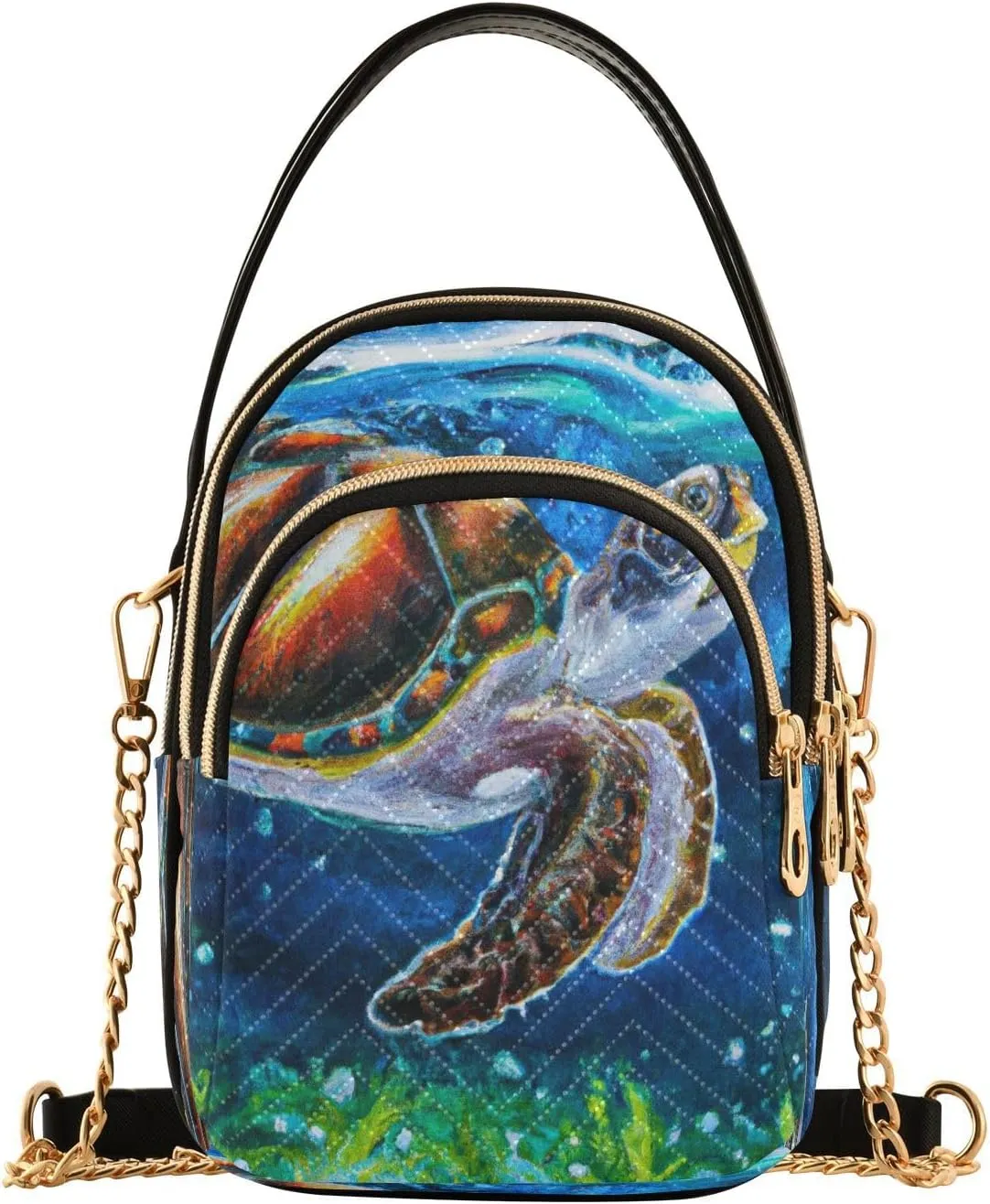 Crossbody Bags for Women Colorful Turtle Realism Style Quilted Chain Crossbody Purses Trendy Oil Painting Cross Body Phone Purse Handbag