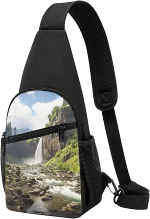 Crossbody Sling Backpack Sling Bag for Men Women Cross Chest Bag Shoulder Bag Ranch Waterfall Rocks Trees Travel Hiking Daypack