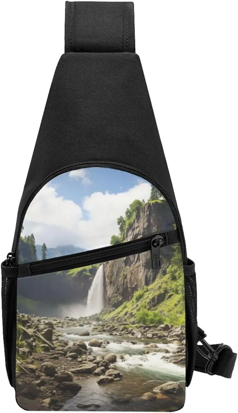 Crossbody Sling Backpack Sling Bag for Men Women Cross Chest Bag Shoulder Bag Ranch Waterfall Rocks Trees Travel Hiking Daypack