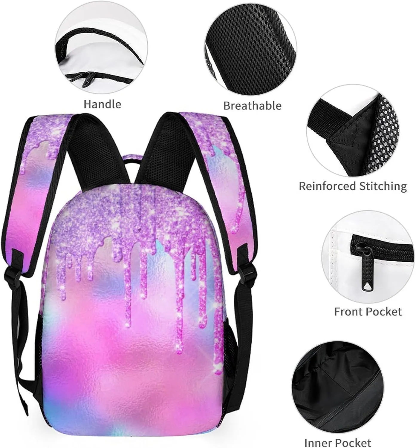 Custom 3 Piece Backpack Set Add Your Name Personalized Pink Glitter Pattern School Bag with Lunch Bag Box Pencil Case Customized Backpack for Kids Girls Boys Student