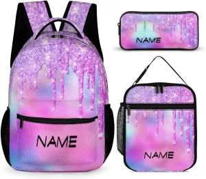 Custom 3 Piece Backpack Set Add Your Name Personalized Pink Glitter Pattern School Bag with Lunch Bag Box Pencil Case Customized Backpack for Kids Girls Boys Student