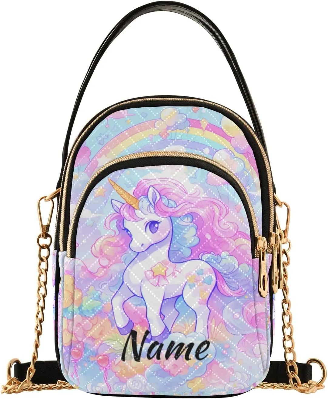 Custom Crossbody Bag for Women, Rainbow Unicorn Phone Purse Detachable Personalized Name Chain Bag Shoulder Handbag Wallet