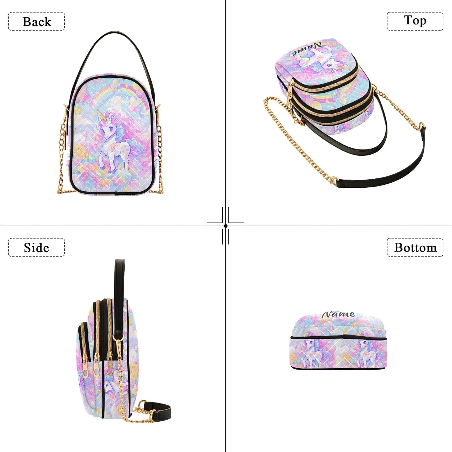 Custom Crossbody Bag for Women, Rainbow Unicorn Phone Purse Detachable Personalized Name Chain Bag Shoulder Handbag Wallet