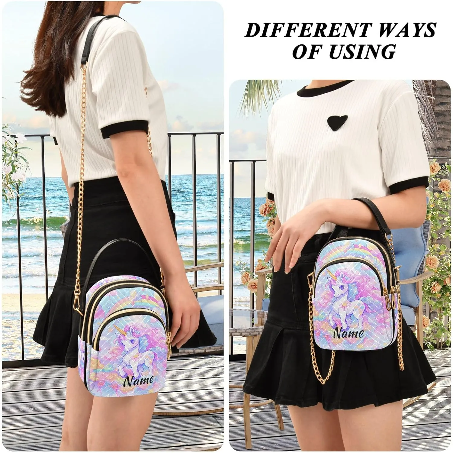 Custom Crossbody Bag for Women, Rainbow Unicorn Phone Purse Detachable Personalized Name Chain Bag Shoulder Handbag Wallet