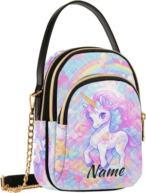 Custom Crossbody Bag for Women, Rainbow Unicorn Phone Purse Detachable Personalized Name Chain Bag Shoulder Handbag Wallet