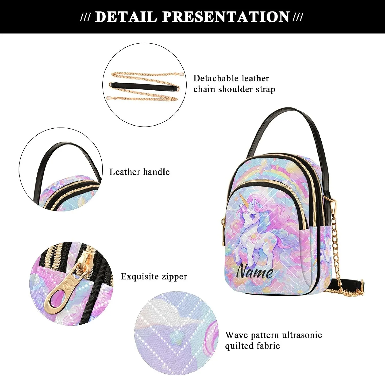 Custom Crossbody Bag for Women, Rainbow Unicorn Phone Purse Detachable Personalized Name Chain Bag Shoulder Handbag Wallet