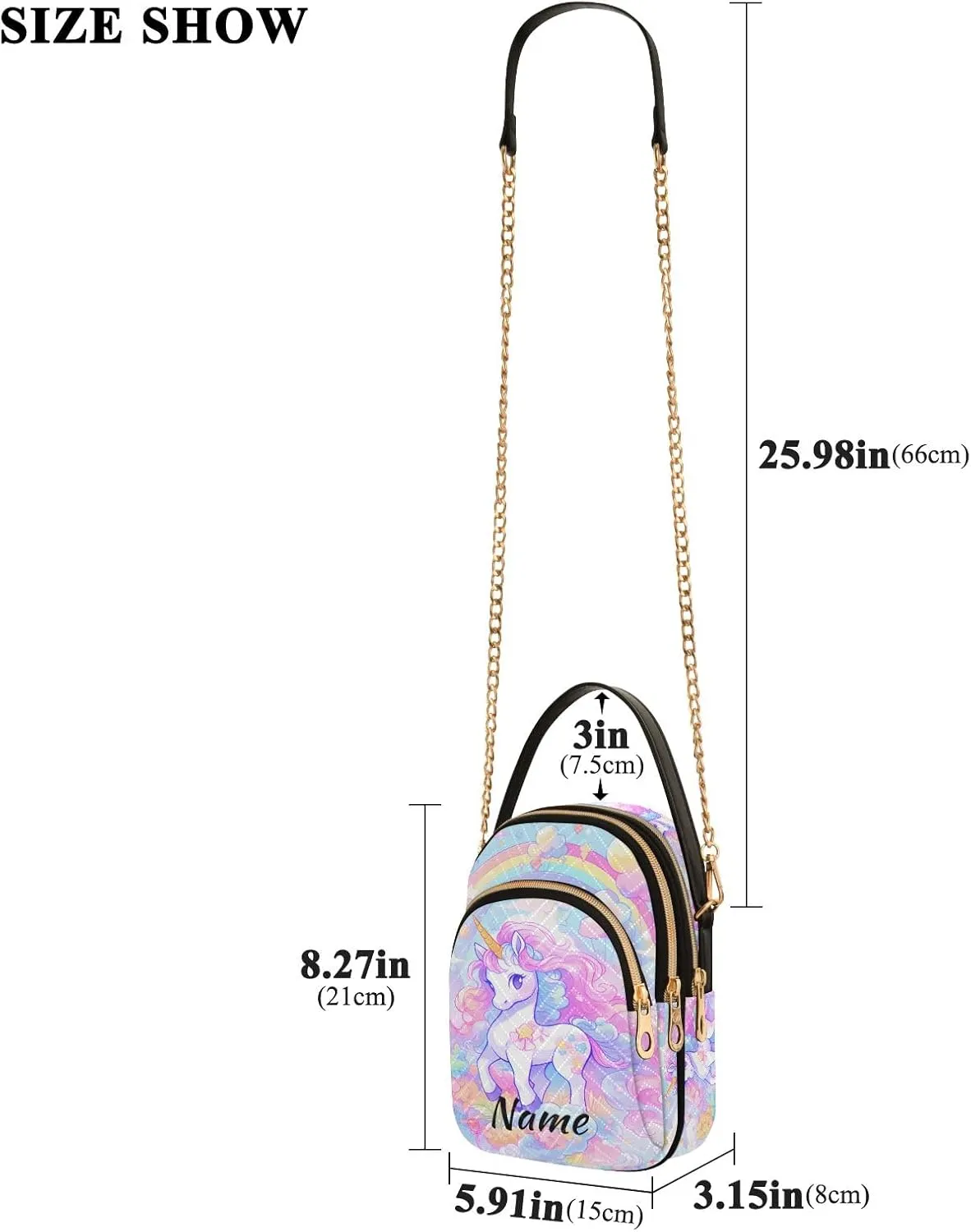 Custom Crossbody Bag for Women, Rainbow Unicorn Phone Purse Detachable Personalized Name Chain Bag Shoulder Handbag Wallet