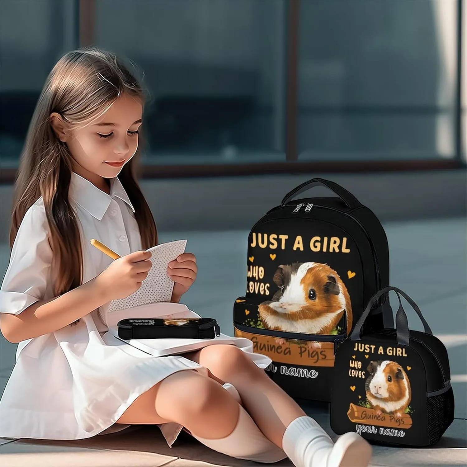 Custom Guinea Pig Backpack with Lunch Box - Set of 3 School Backpacks Matching Combo for Girls - Funny Black Bookbag and Pencil Case Bundle